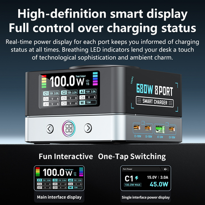 OEM WLX-R8A QI Stationlader, 140W, 5A, 2 x USB-A - 6 x USB-C, Grijs