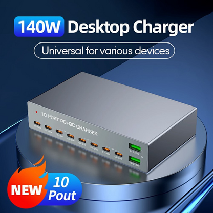 OEM Stationlader WLX-X6Y, 140W, 5A, 2 x USB-A - 8 x USB-C, Zilver