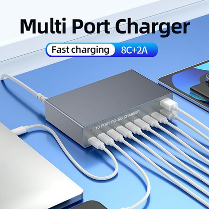 OEM Stationlader WLX-X6Y, 140W, 5A, 2 x USB-A - 8 x USB-C, Zilver