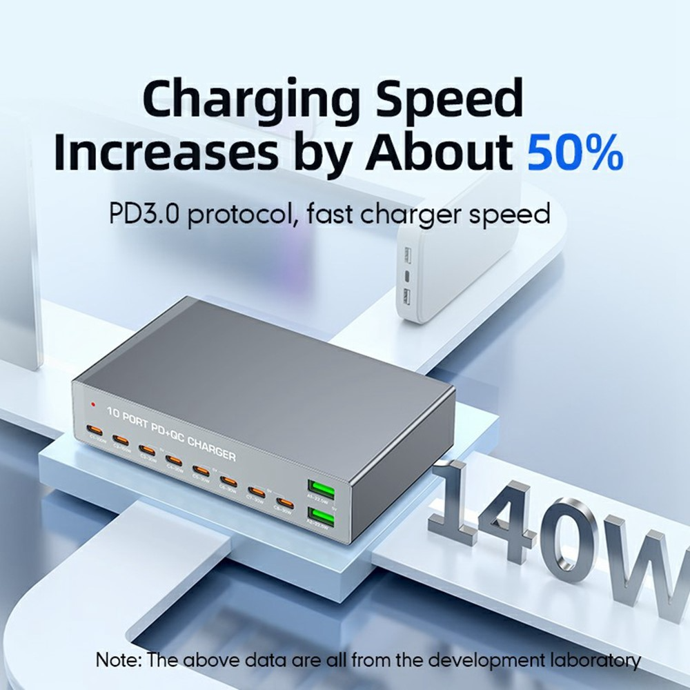 OEM Stationlader WLX-X6Y, 140W, 5A, 2 x USB-A - 8 x USB-C, Zilver