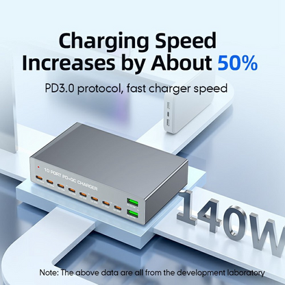 OEM Stationlader WLX-X6Y, 140W, 5A, 2 x USB-A - 8 x USB-C, Zilver