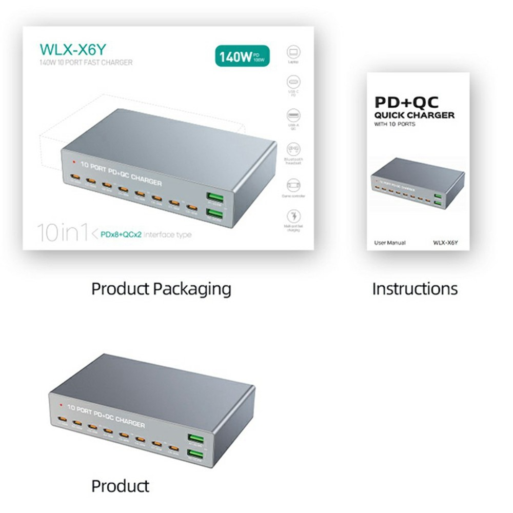OEM Stationlader WLX-X6Y, 140W, 5A, 2 x USB-A - 8 x USB-C, Zilver