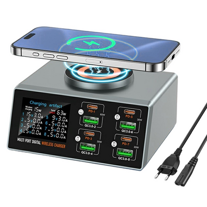 OEM WLX-X9S QI Stationlader, 140W, 3A, 4 x USB-A - 4 x USB-C, Zilver