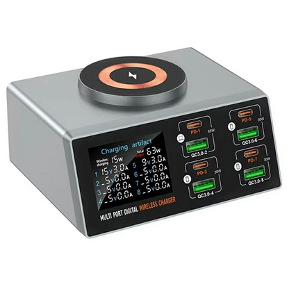 OEM WLX-X9S QI Stationlader, 140W, 3A, 4 x USB-A - 4 x USB-C, Zilver