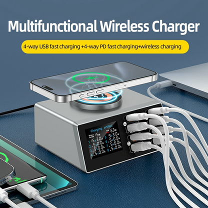 OEM WLX-X9S QI Stationlader, 140W, 3A, 4 x USB-A - 4 x USB-C, Zilver
