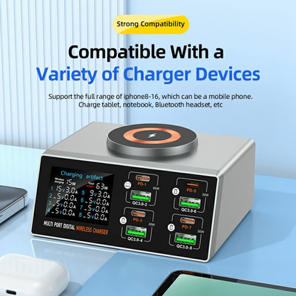OEM WLX-X9S QI Stationlader, 140W, 3A, 4 x USB-A - 4 x USB-C, Zilver