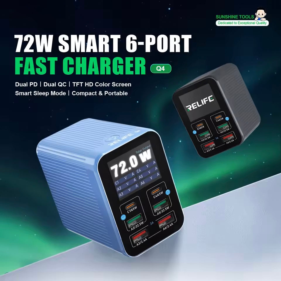 Opladerstation Relife Q4, 72W, 5A, 2 x USB-C - 4 x USB-A, Blauw
