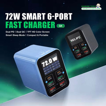 Opladerstation Relife Q4, 72W, 5A, 2 x USB-C - 4 x USB-A, Blauw