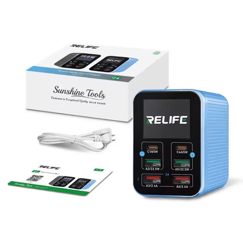Opladerstation Relife Q4, 72W, 5A, 2 x USB-C - 4 x USB-A, Blauw