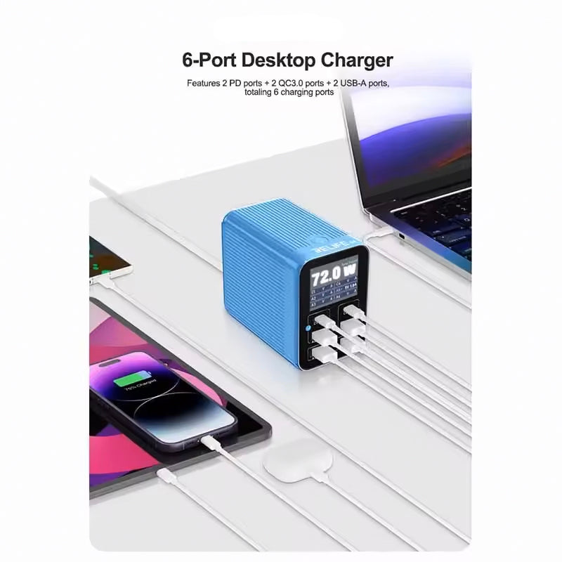 Opladerstation Relife Q4, 72W, 5A, 2 x USB-C - 4 x USB-A, Blauw