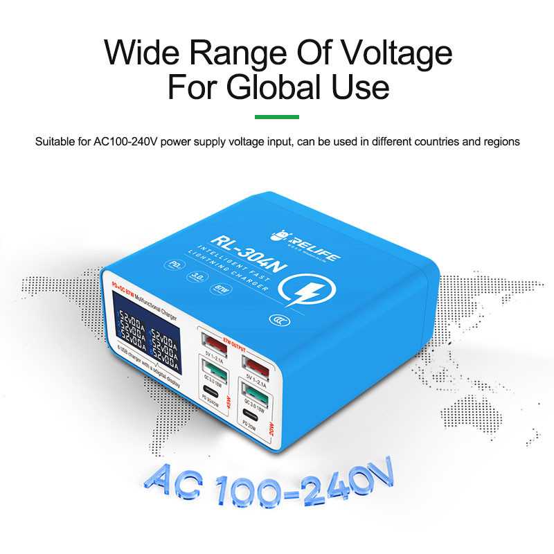 Opladerstation Relife RL-304N, 87W, 3A, 2 x USB-C - 4 x USB-A, Blauw