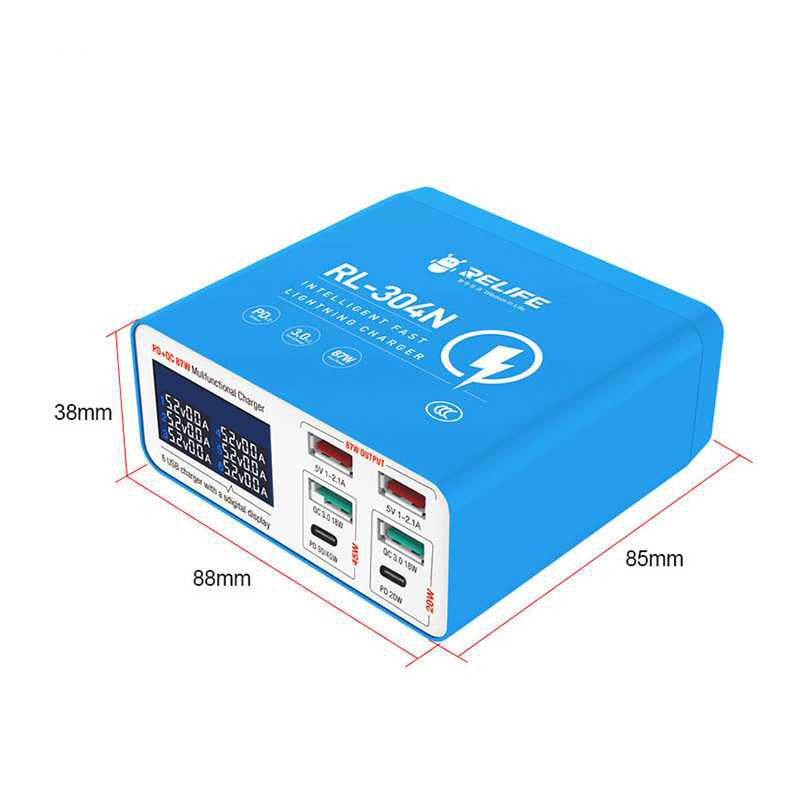 Opladerstation Relife RL-304N, 87W, 3A, 2 x USB-C - 4 x USB-A, Blauw