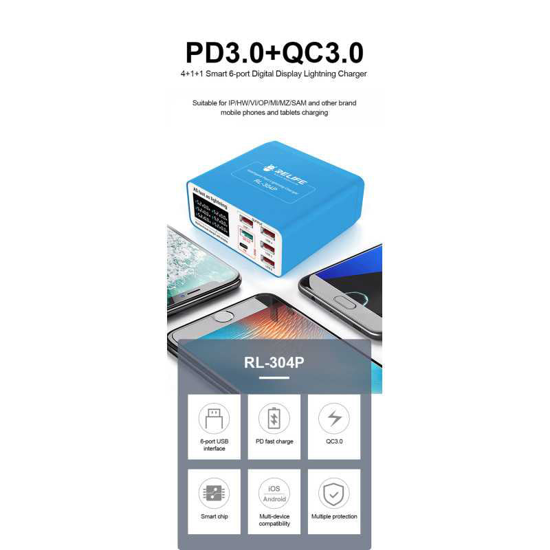 Oplaadstation Relife RL-304P, 40W, 3A, 1 x USB-C - 5 x USB-A, Blauw