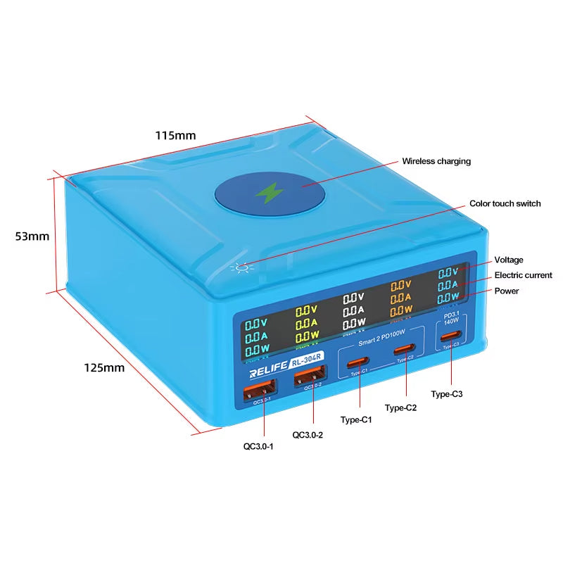 Relife RL-304R QI Charging Station, 260W, 3A, 2 x USB-A - 3 x USB-C, Blue