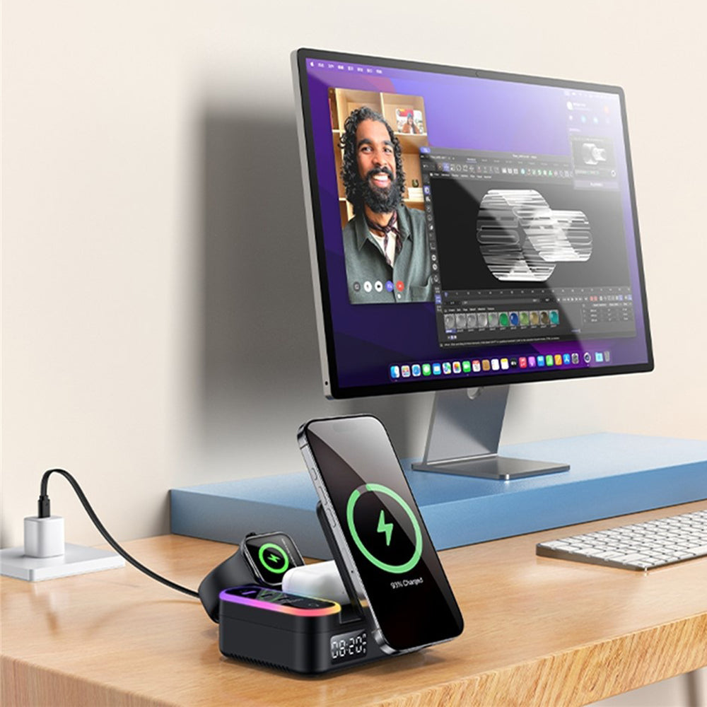 Oplader Station Yesido DS38 Display QI 3in1, 65W, 3A, 1 x USB-A - 2 x USB-C, Zwart