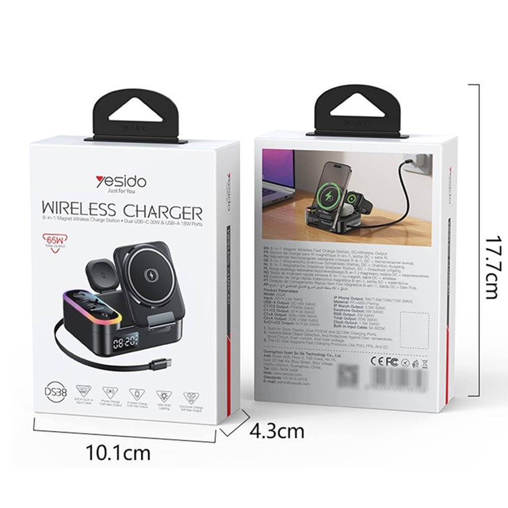 Oplader Station Yesido DS38 Display QI 3in1, 65W, 3A, 1 x USB-A - 2 x USB-C, Zwart