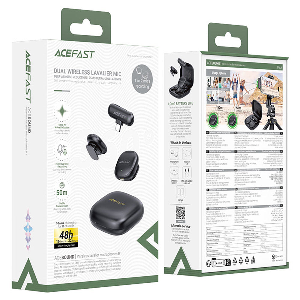 Lavalier Acefast R1, USB-C, Set 2 stuks, Zwart