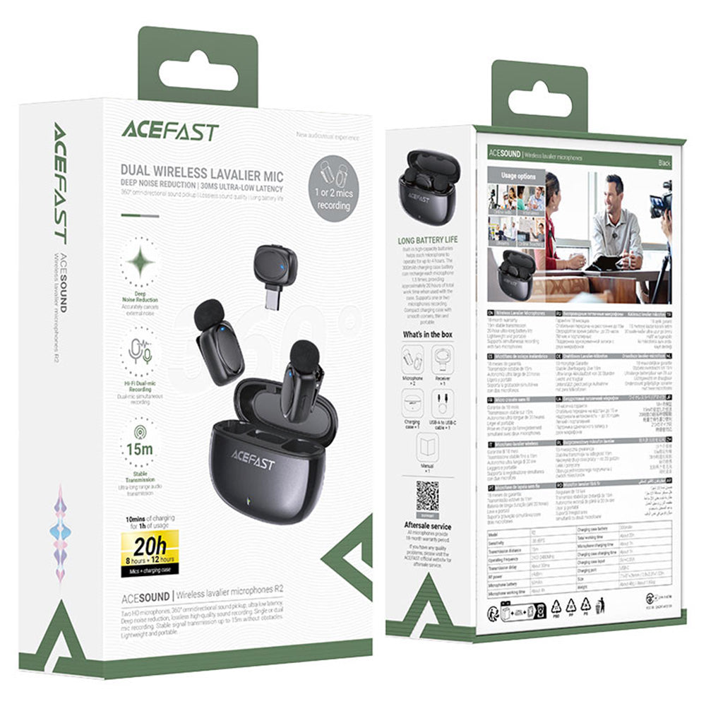 Lavalier Acefast R2, USB-C, Set 2 stuks, Zwart