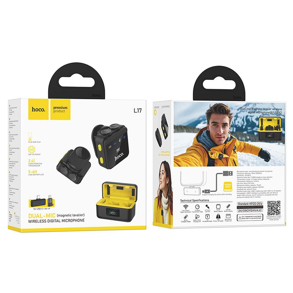 Lavaliermicrofoon HOCO L17, USB-C / Lightning, Set van 2 Stuks, Zwart