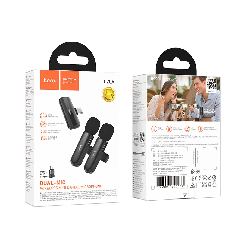 HOCO L20A dasspeldmicrofoon, USB-C / Lightning, Set van 2 stuks, Zwart