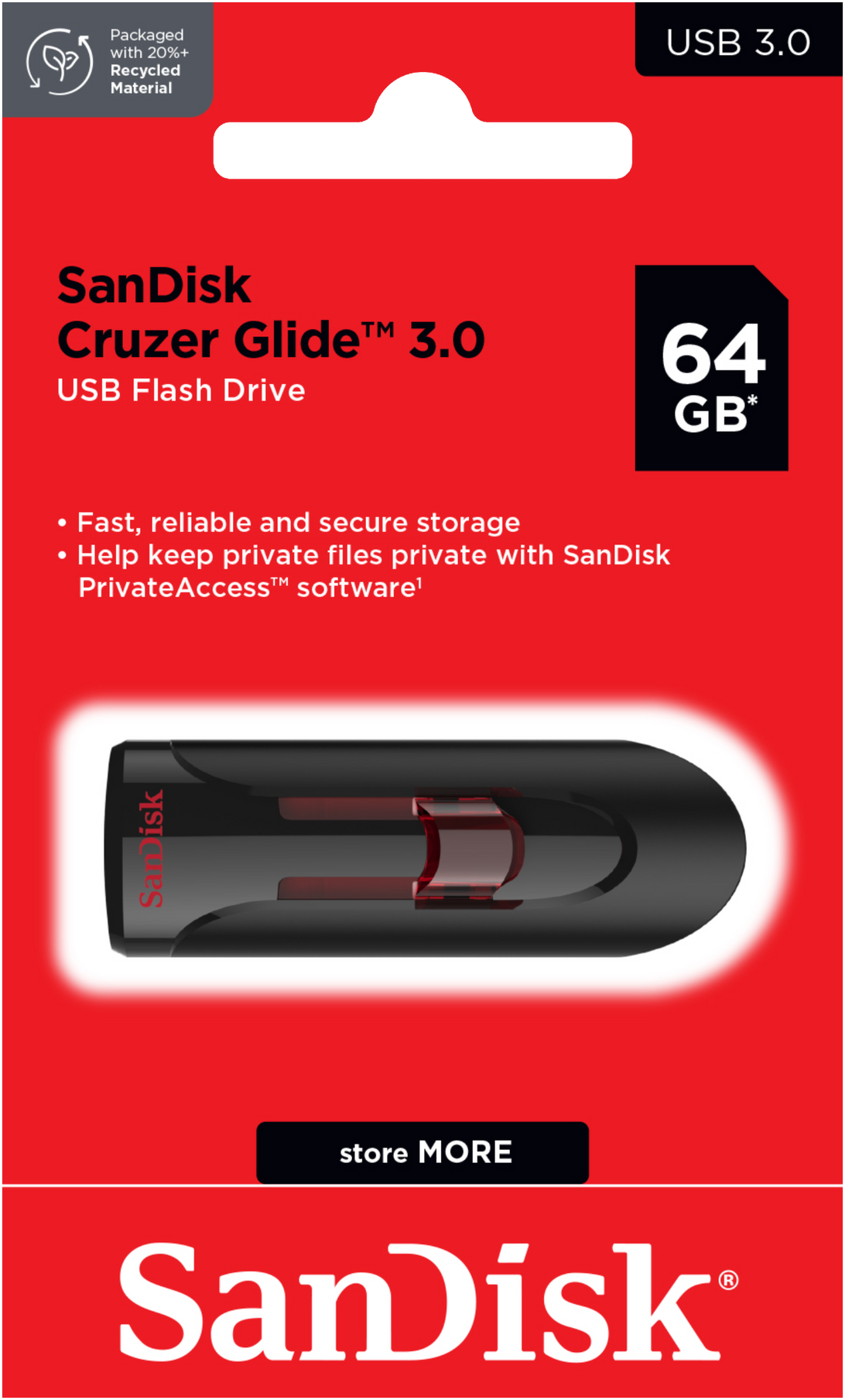 Externe USB-A 3.0 SanDisk Cruzer Glide Geheugen, 64Gb SDCZ600-064G-G35