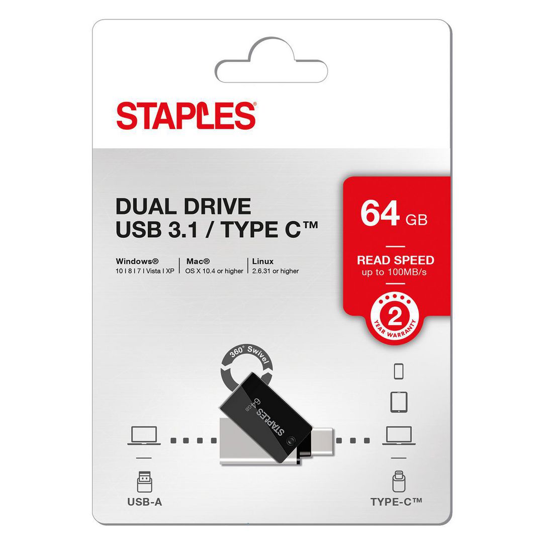 Externe Geheugen USB-A 3.1 / USB-C Staples K23, 64Gb EKMMD64GK233CST