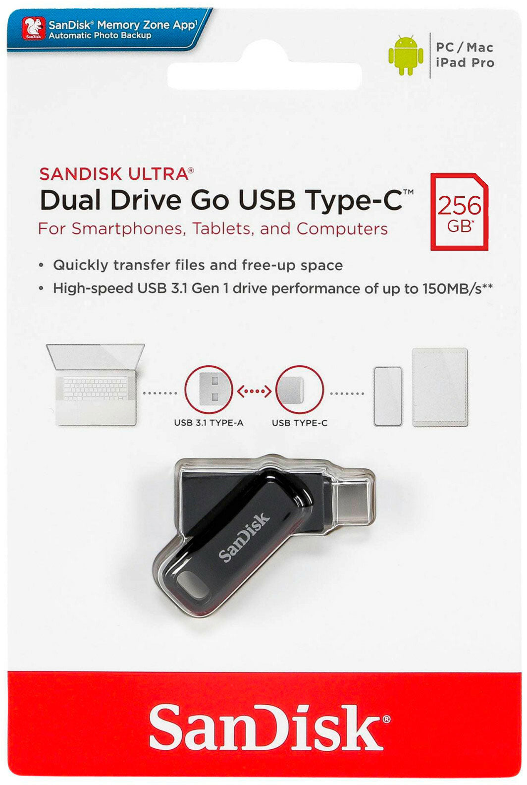 Externe Geheugen USB-A 3.2 / USB-C SanDisk Ultra Dual Go, 256Gb SDDDC3-256G-G46