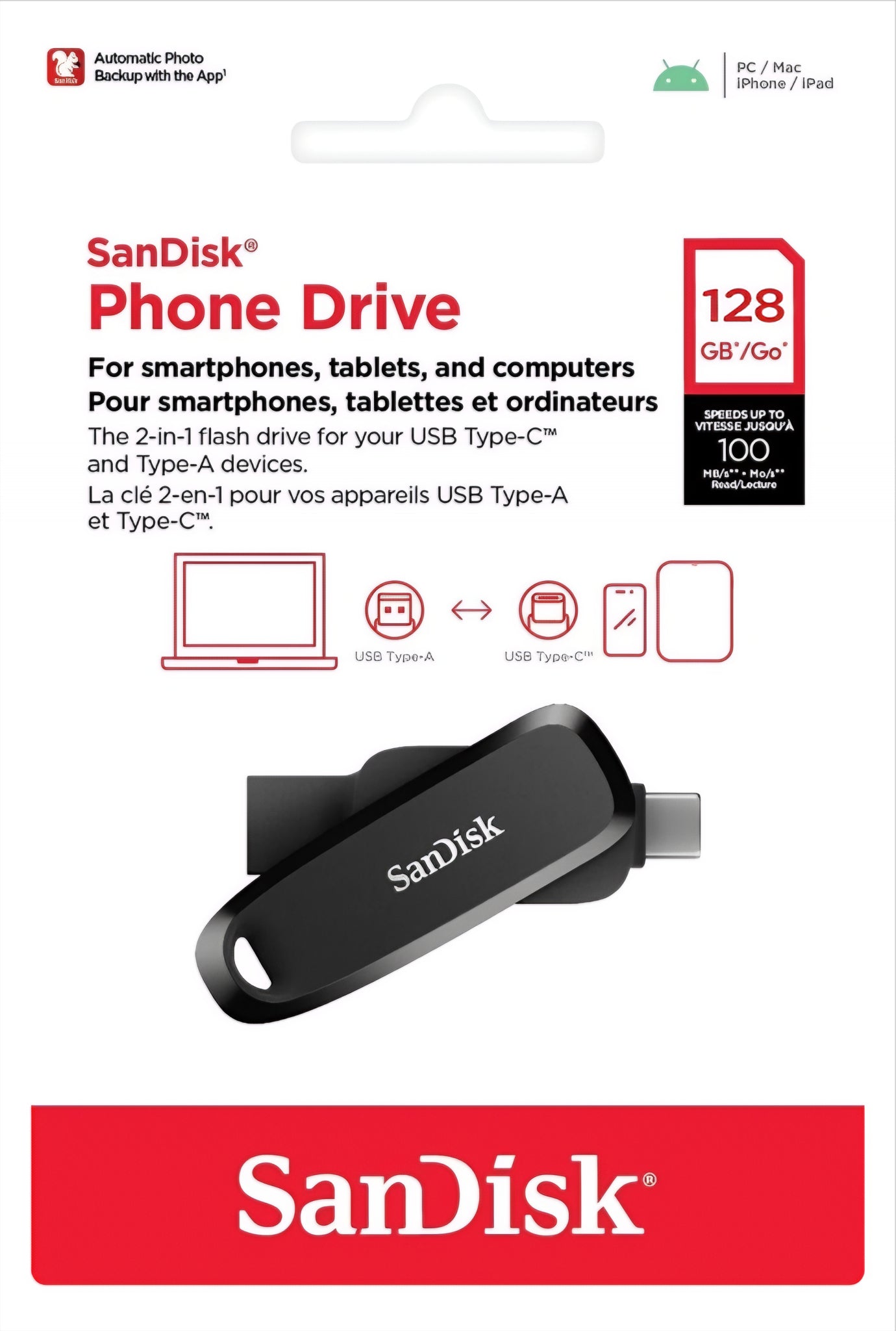 Externe USB-A 3.2 / USB-C SanDisk Phone Drive, 128Gb SDDDC6-128G-G46