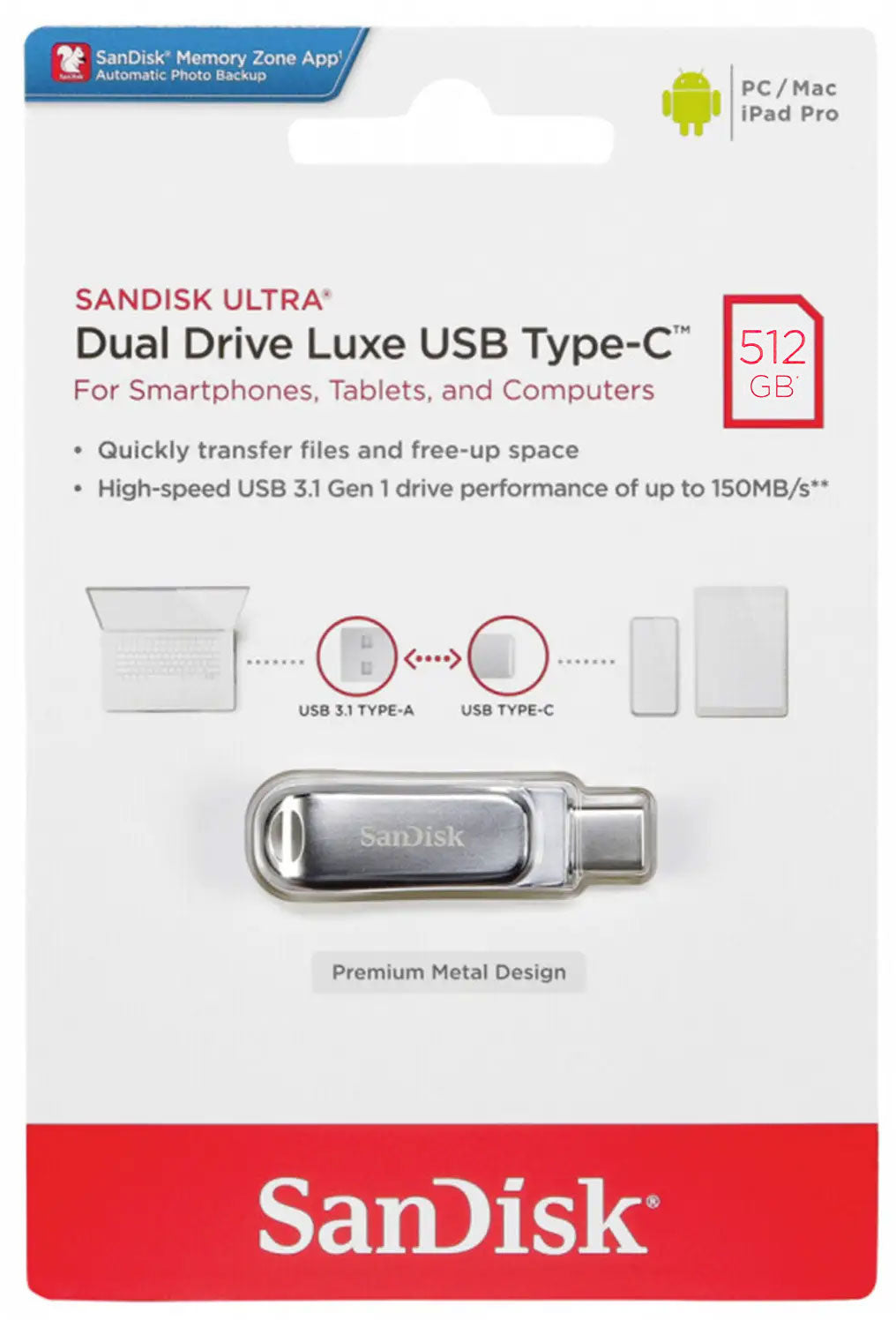 Externe geheugen USB-A 3.2 / USB-C SanDisk Ultra Luxe Dual Drive, 512Gb SDDDC4-512G-G46