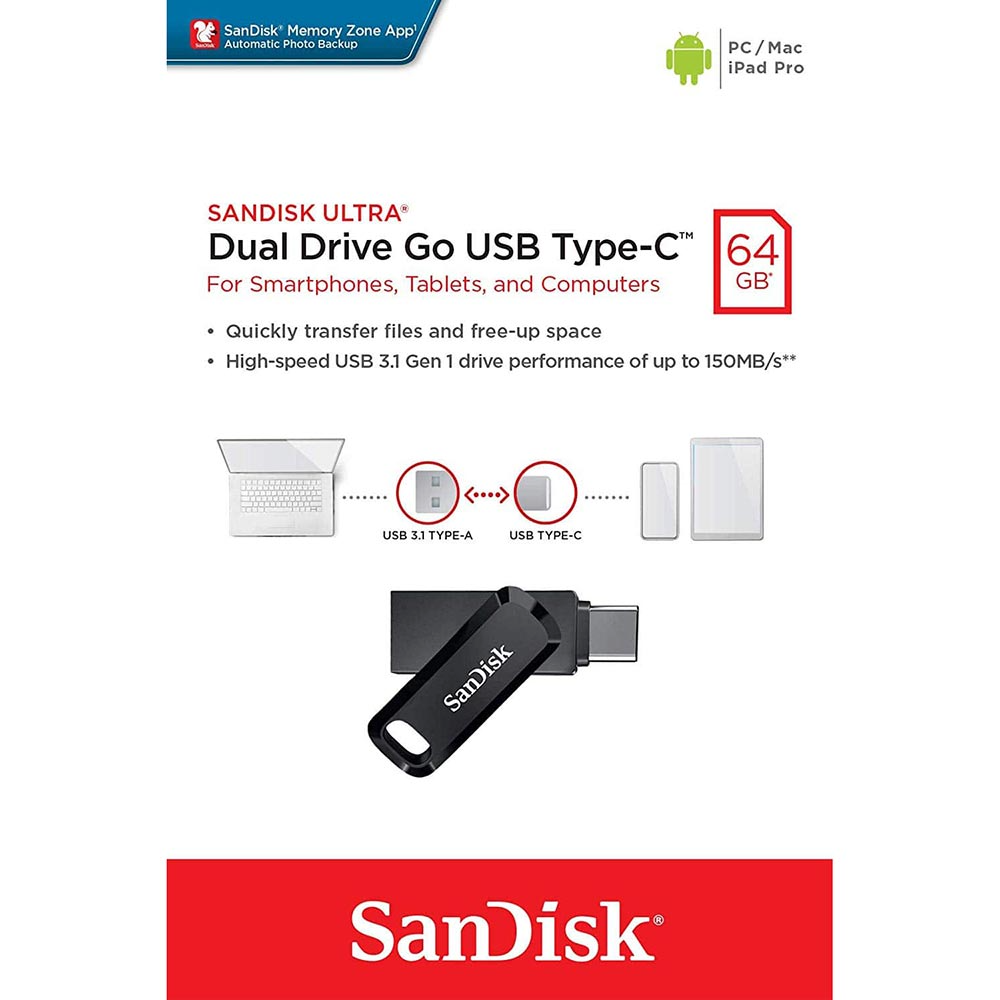 Externe Geheugen USB-A 3.2 / USB-C SanDisk Ultra Dual Go, 64Gb SDDDC3-064G-G46