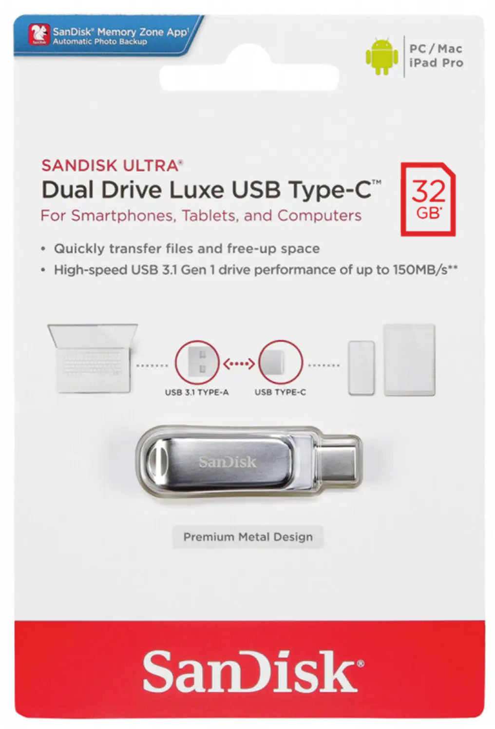 Externe Geheugen USB-A 3.2 / USB-C SanDisk Ultra Luxe Dual Drive, 32Gb SDDDC4-032G-G46