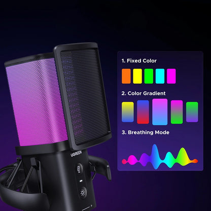 Cardioïde Microfoon UGREEN CM581 (65629), RGB, USB-C, 1.5m, Zwart