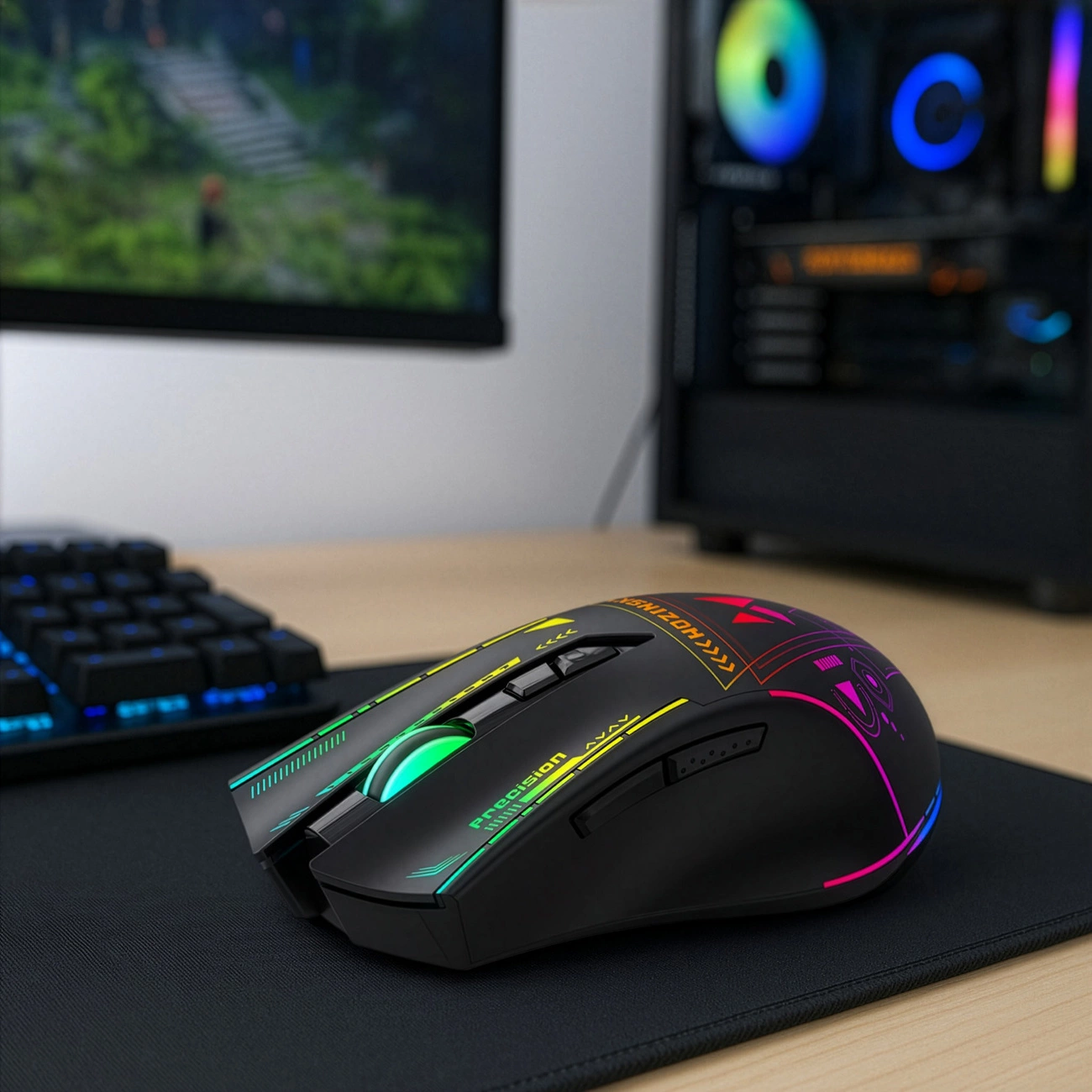 Draadloze Gaming Muis WZK WMGB-3200, 3200DPI, RGB, Zwart