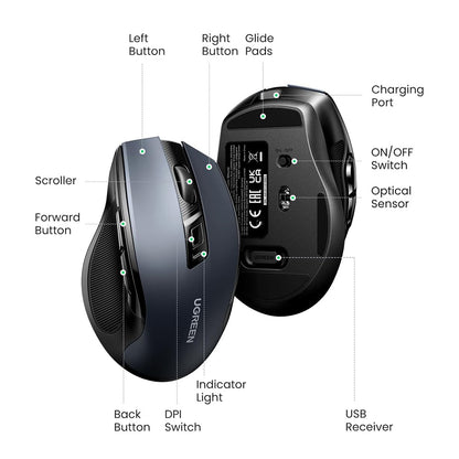 UGREEN MU006S Wireless Mouse (85082), 4000DPI, BT / Wi-Fi, Gray