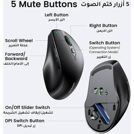 Draadloze Muis UGREEN MU101, 4000DPI, BT / Wi-Fi, Zwart