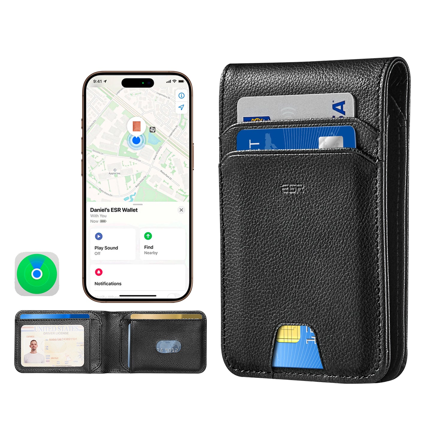 ESR Classic Geo-portemonnee met Find My-functie en RFID-bescherming, Zwart, Herverpakt
