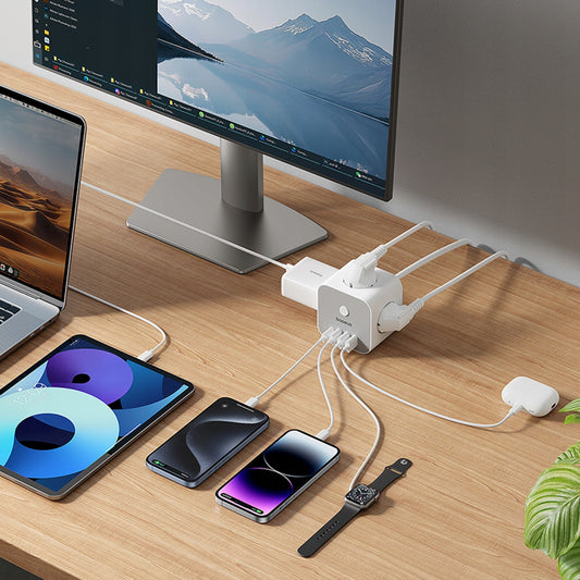 Baseus PowerCombo 7in1 Extension Cord, 20W, 3A, 3 x USB-A - 1 x USB-C - 3 x Schuko, White E00066401213-00