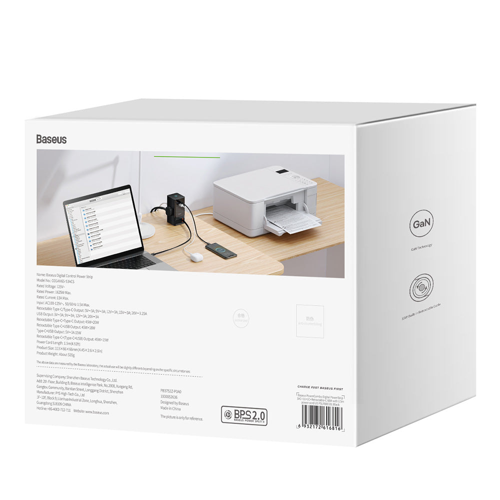 Baseus PowerCombo US verlengsnoer, 3 x stopcontacten, Zwart PSLR000101