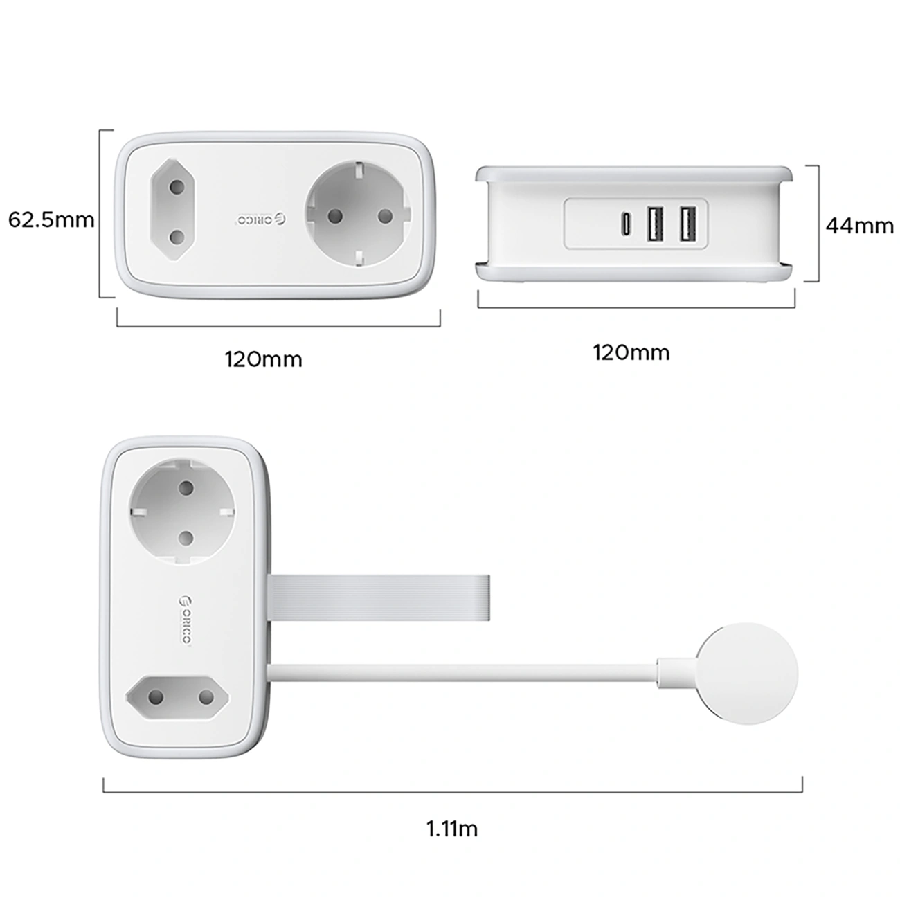 Orico APP verlengsnoer, 1 x Schuko - 1 x Stopcontact - 2 x USB-A - 1 x USB-C, Wit Grijs