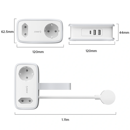 Orico APP verlengsnoer, 1 x Schuko - 1 x Stopcontact - 2 x USB-A - 1 x USB-C, Wit Grijs
