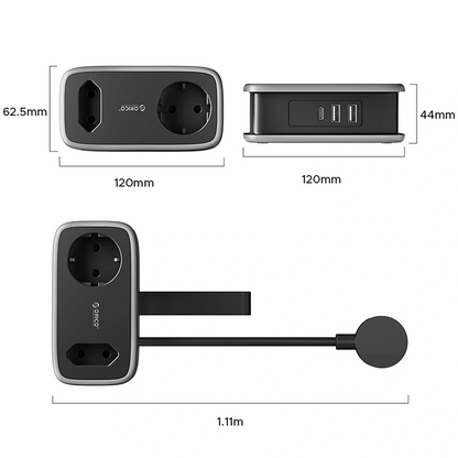 Orico APP verlengsnoer, 1 x Schuko - 1 x Stopcontact - 2 x USB-A - 1 x USB-C, Zwart Grijs