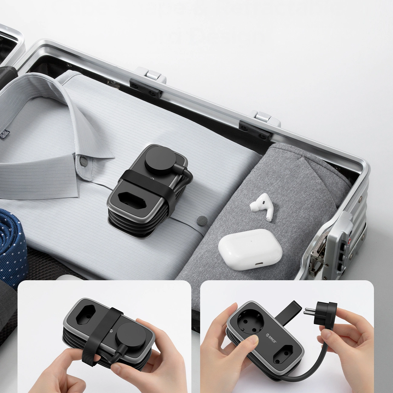 Orico APP verlengsnoer, 1 x Schuko - 1 x Stopcontact - 2 x USB-A - 1 x USB-C, Zwart Grijs