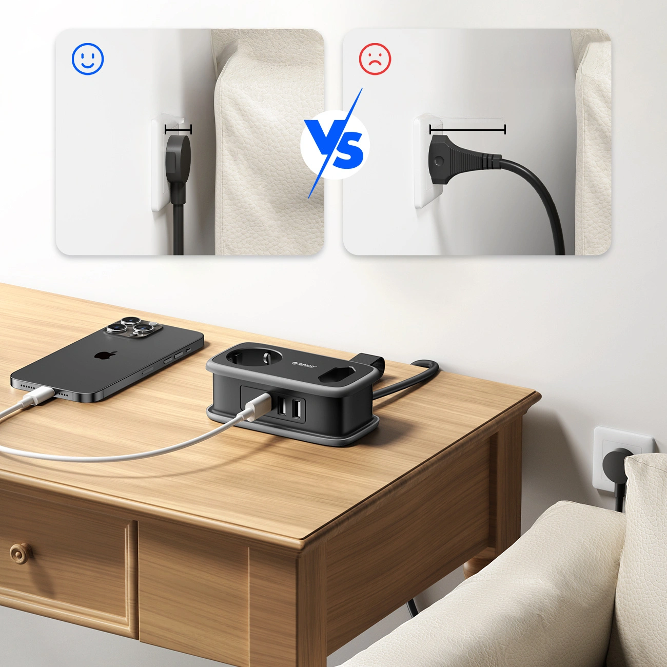 Orico APP verlengsnoer, 1 x Schuko - 1 x Stopcontact - 2 x USB-A - 1 x USB-C, Zwart Grijs