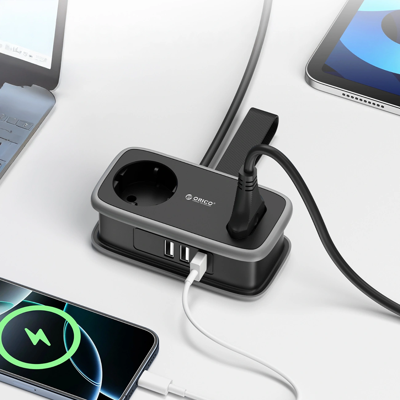 Orico APP verlengsnoer, 1 x Schuko - 1 x Stopcontact - 2 x USB-A - 1 x USB-C, Zwart Grijs