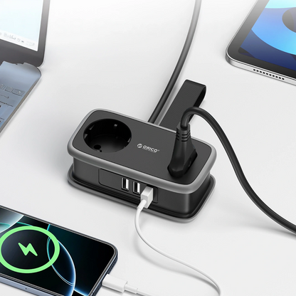 Orico APP verlengsnoer, 1 x Schuko - 1 x Stopcontact - 2 x USB-A - 1 x USB-C, Zwart Grijs
