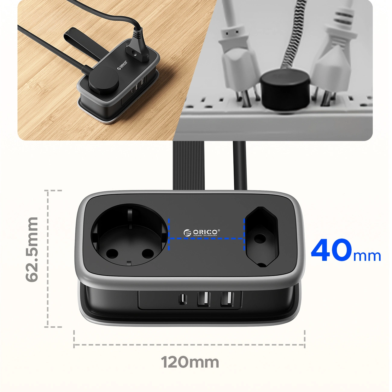 Orico APP verlengsnoer, 1 x Schuko - 1 x Stopcontact - 2 x USB-A - 1 x USB-C, Zwart Grijs