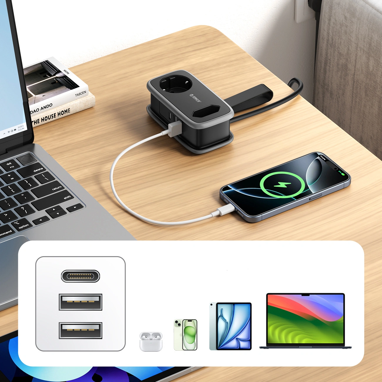 Orico APP verlengsnoer, 1 x Schuko - 1 x Stopcontact - 2 x USB-A - 1 x USB-C, Zwart Grijs