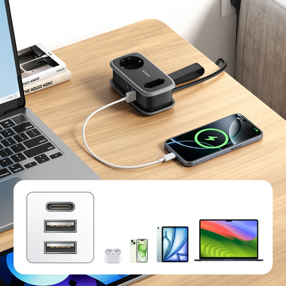 Orico APP verlengsnoer, 1 x Schuko - 1 x Stopcontact - 2 x USB-A - 1 x USB-C, Zwart Grijs