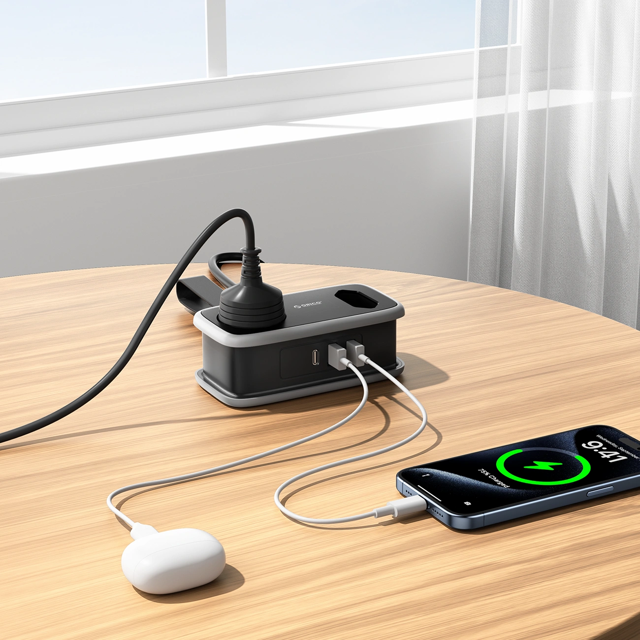 Orico APP verlengsnoer, 1 x Schuko - 1 x Stopcontact - 2 x USB-A - 1 x USB-C, Zwart Grijs