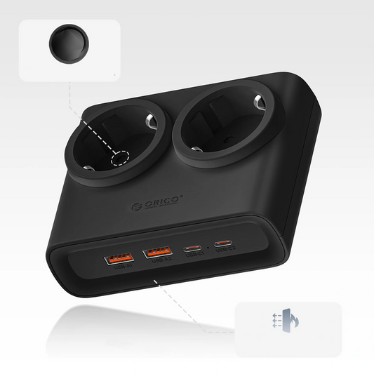 Orico PDC25 verlengsnoer, 2 x Schuko - 2 x USB-A - 2 x USB-C, Zwart